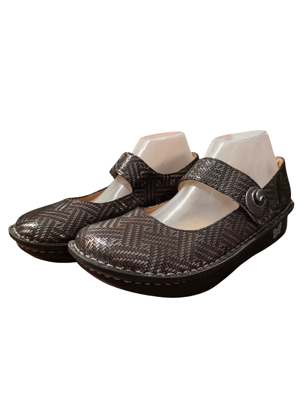 Alegria Metallic Charcoal Mary Jane Flats with Button Strap